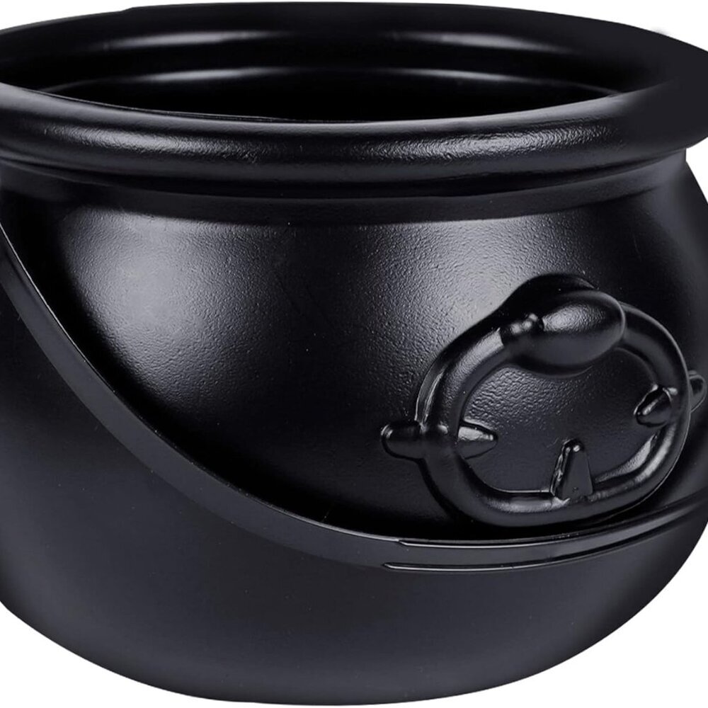 Halloween Large Cauldron, 7.4" Black Plastic Witch Pot with Handle, Vintage Caul